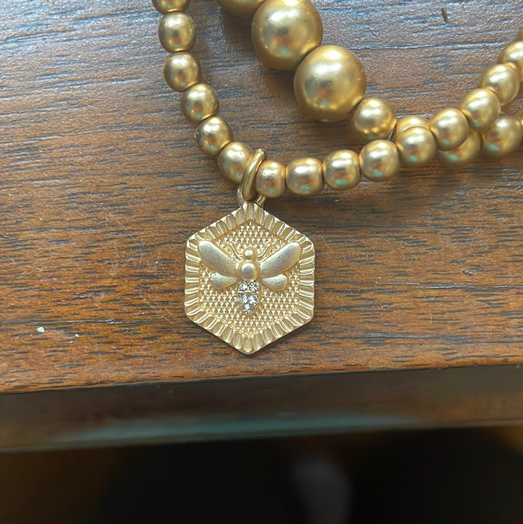 Jane Marie set of 2, Beaded Stretch Bracelets, Hexagon, Bee Center, 8" Around, .65" Pendant