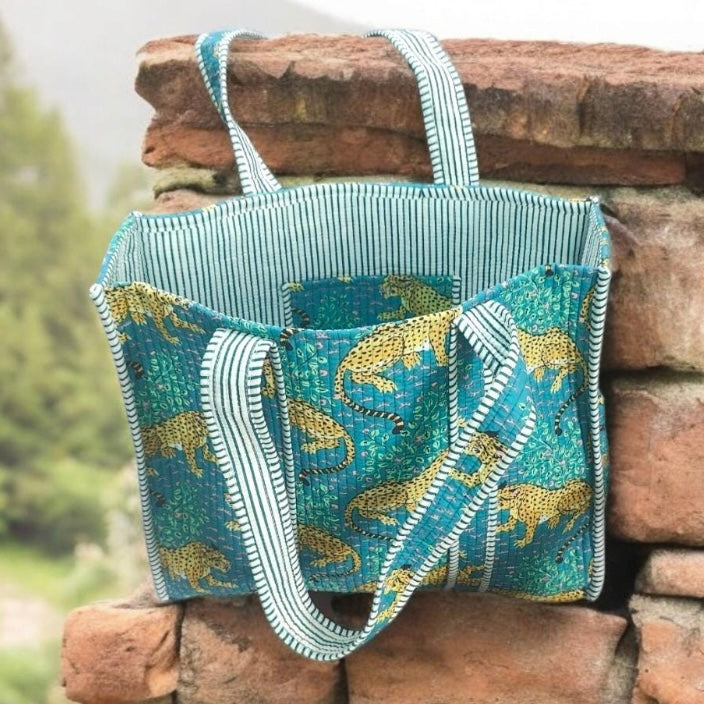 Quilted Tote — Leopard Blue