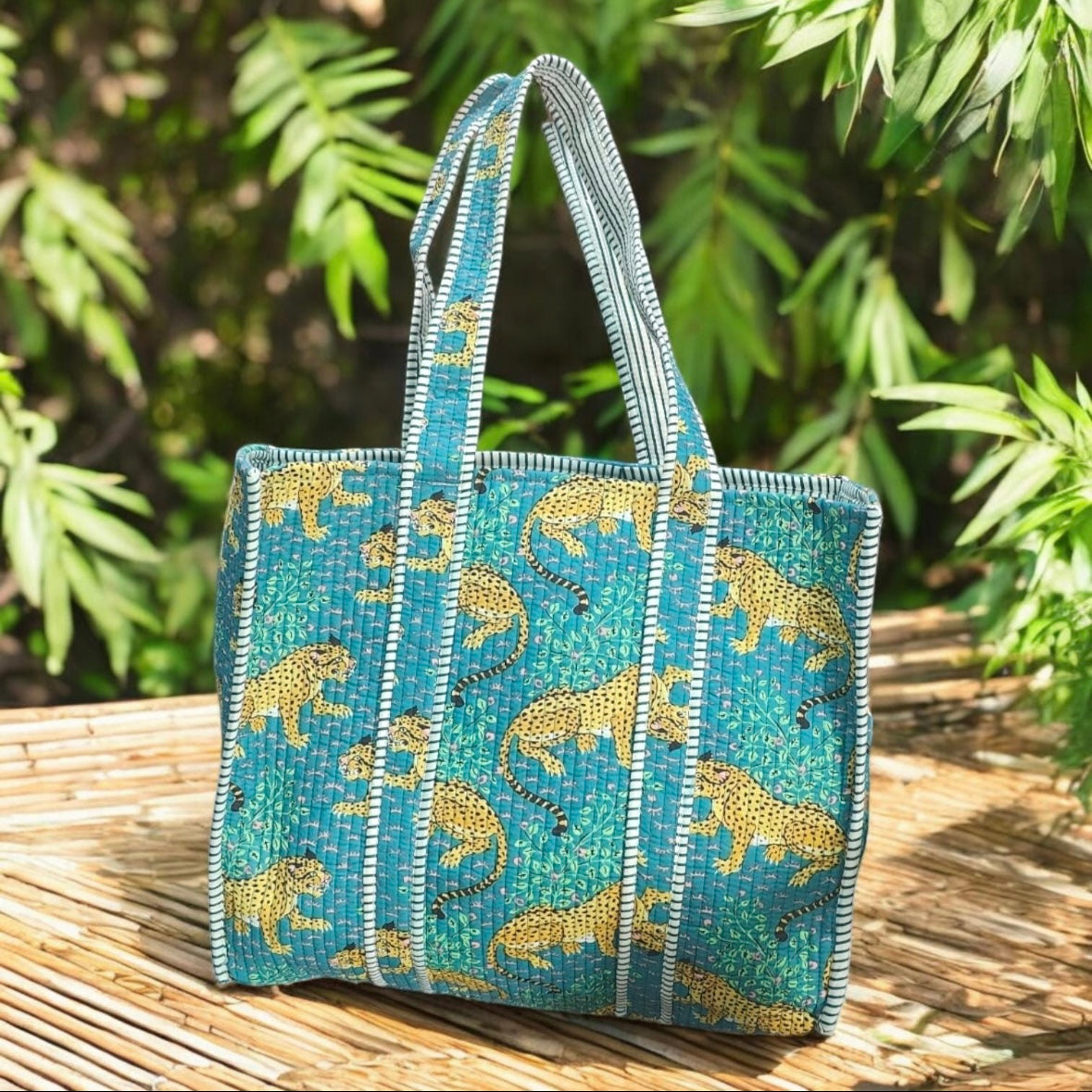 Quilted Tote — Leopard Blue