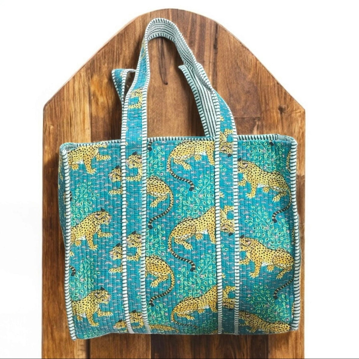 Quilted Tote — Leopard Blue
