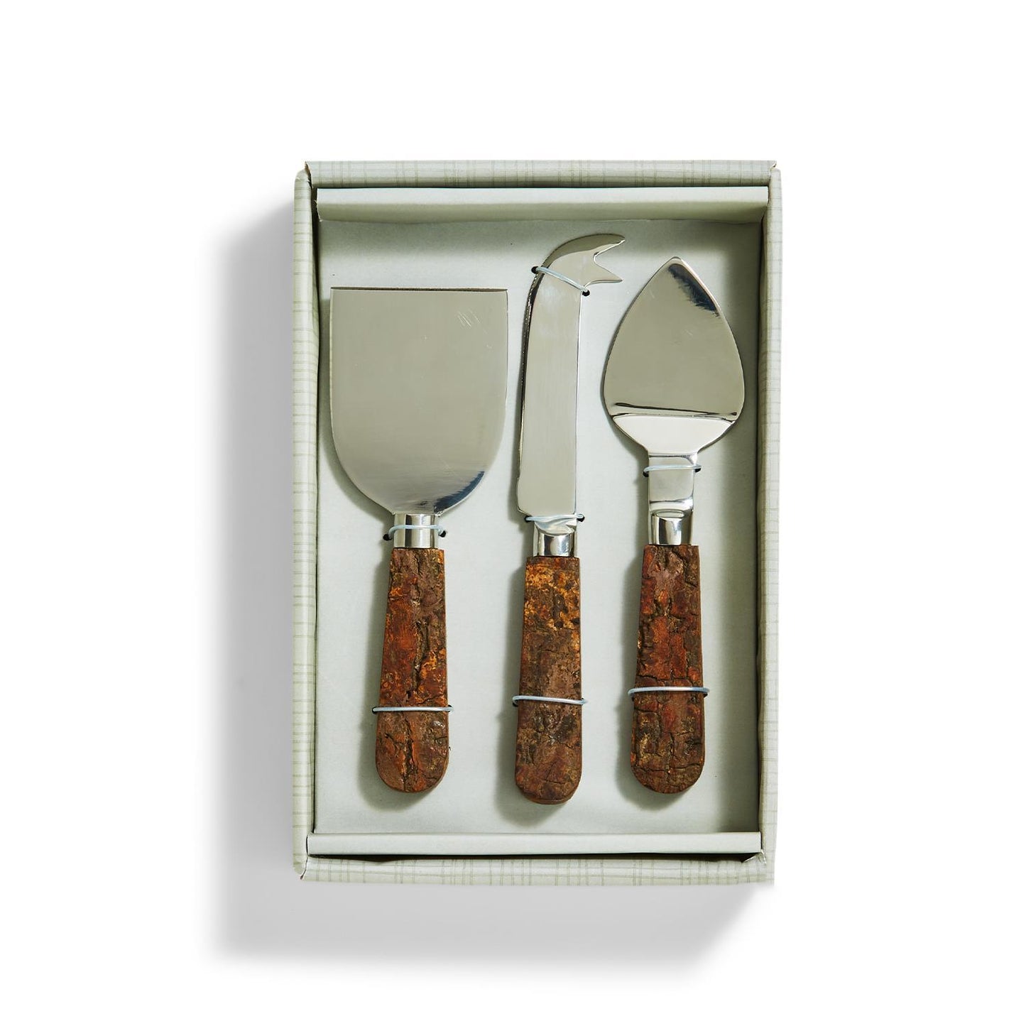 Rustic Charm Set of 3 Bark Handle Cheese Knives in Gift Box (hand wash only) - Stainless Steel/Mango Wood Bark