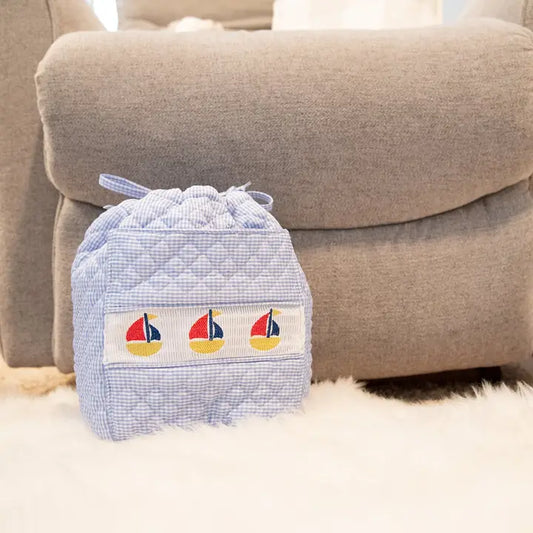 Smocked Blue Sailboat Ditty Bag