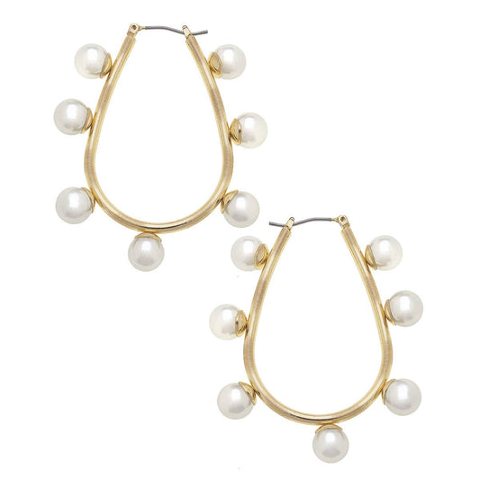 Allison Studded Pearl Teardrop Hoop Earrings in Ivory