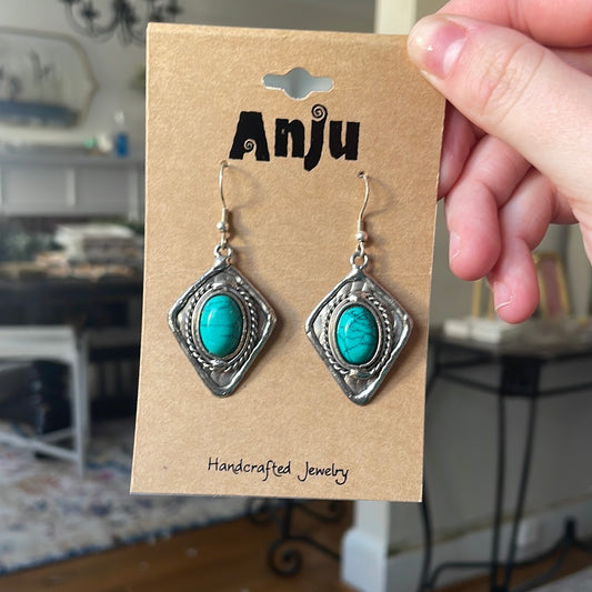 Anju Teal & Antique Silver Drop Earrings