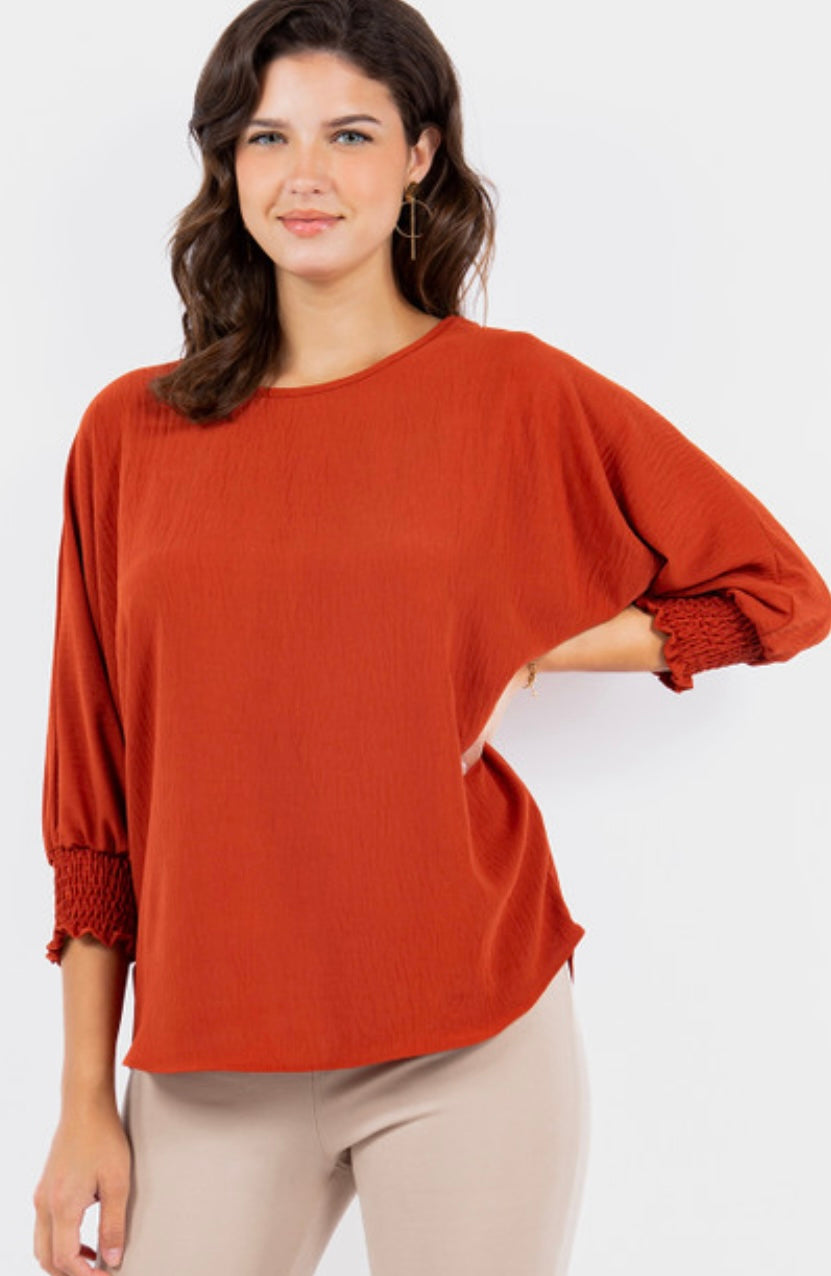 Wendy Shirring Sleeve Blouse – Rust