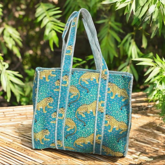 Quilted Tote — Leopard Blue