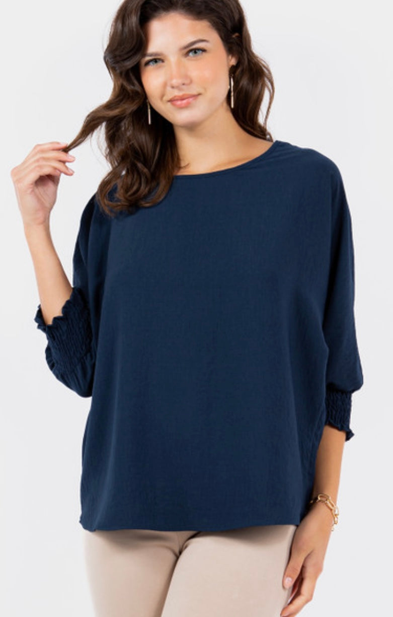 Wendy Shirring Sleeve Blouse – Navy