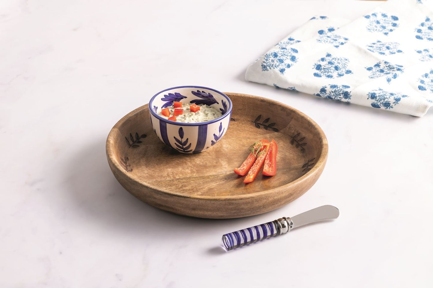 Wood Bowl & Blue Floral Dip Set