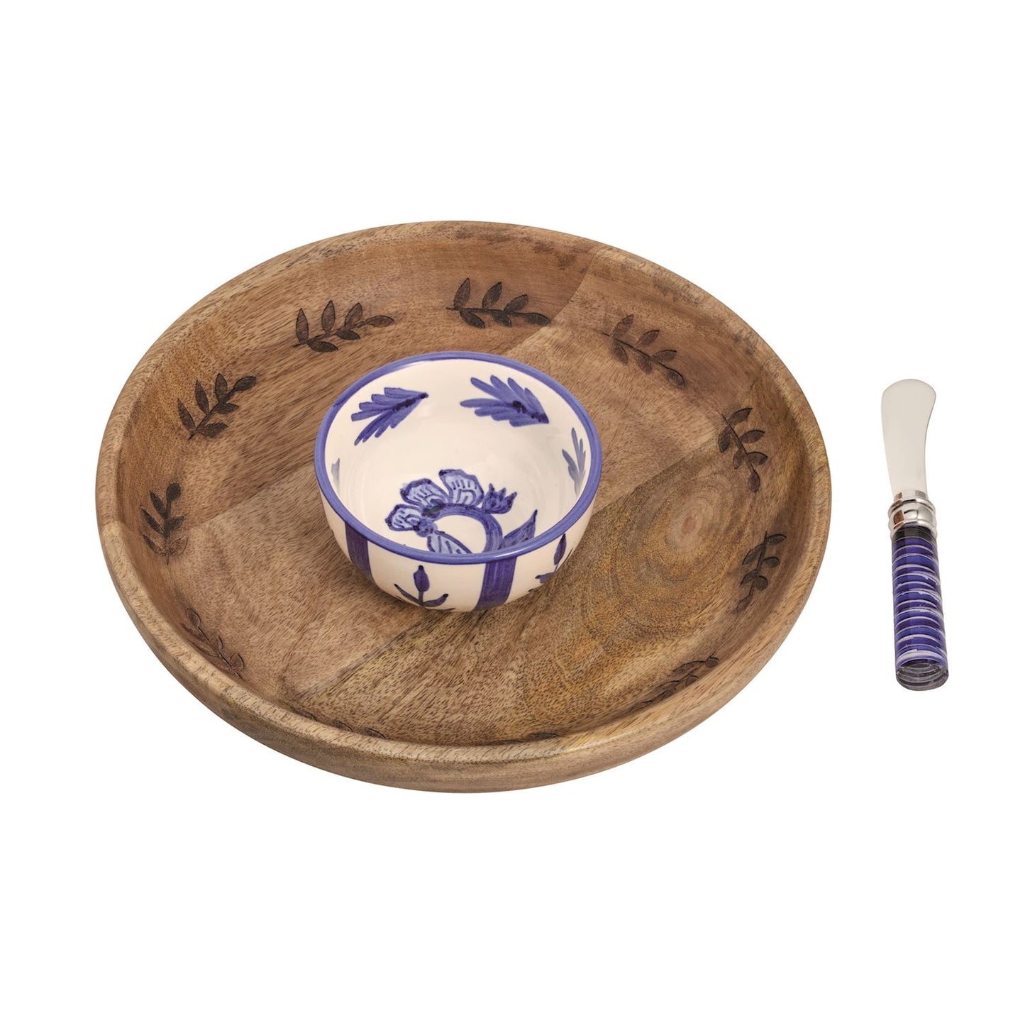 Wood Bowl & Blue Floral Dip Set