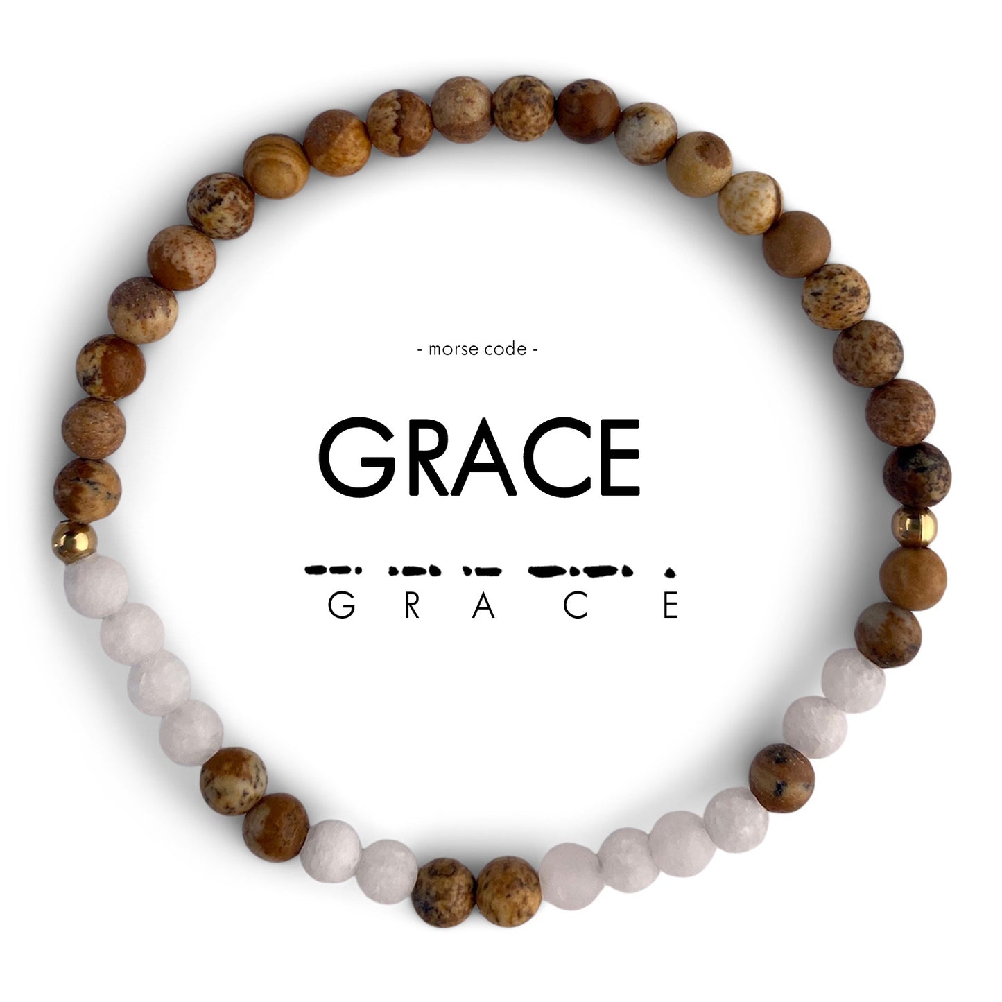 Morse Code Bracelet | GRACE - Tan Picture Jasper & Frosted White Quartz