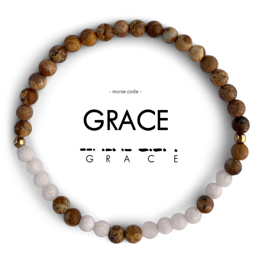 Morse Code Bracelet | GRACE - Tan Picture Jasper & Frosted White Quartz