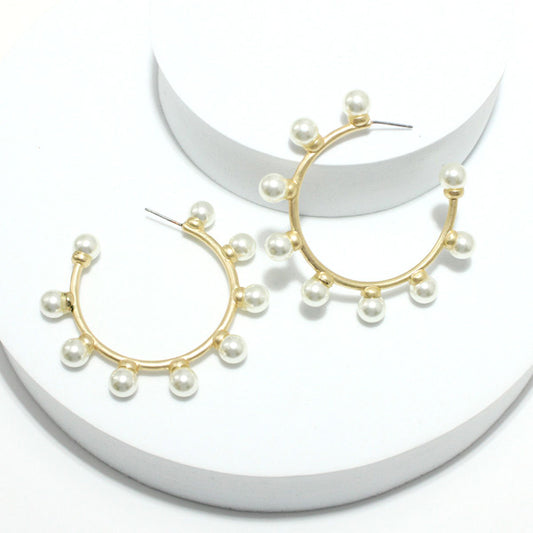 Pearl Accent Hoop - Matte Gold