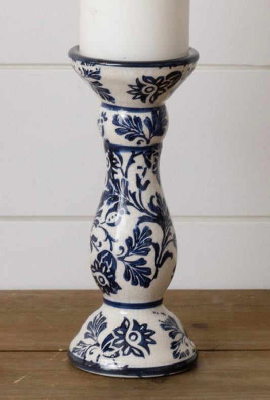 Blue Floral Candle Pillar — Medium