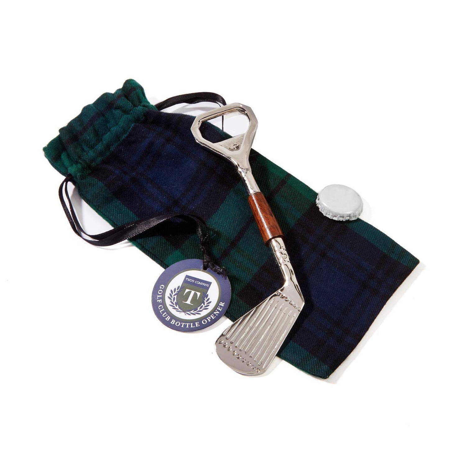 Golf Club Bottle Opener in Plaid Gift Pouch - Brass/Mango Wood