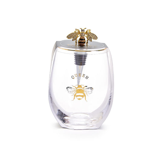 Queen Bee Stemless Wine Glass with Jeweled Bee Wine Stopper (16 oz., hand wash recommended) - Glass/Zinc Alloy/Enamel