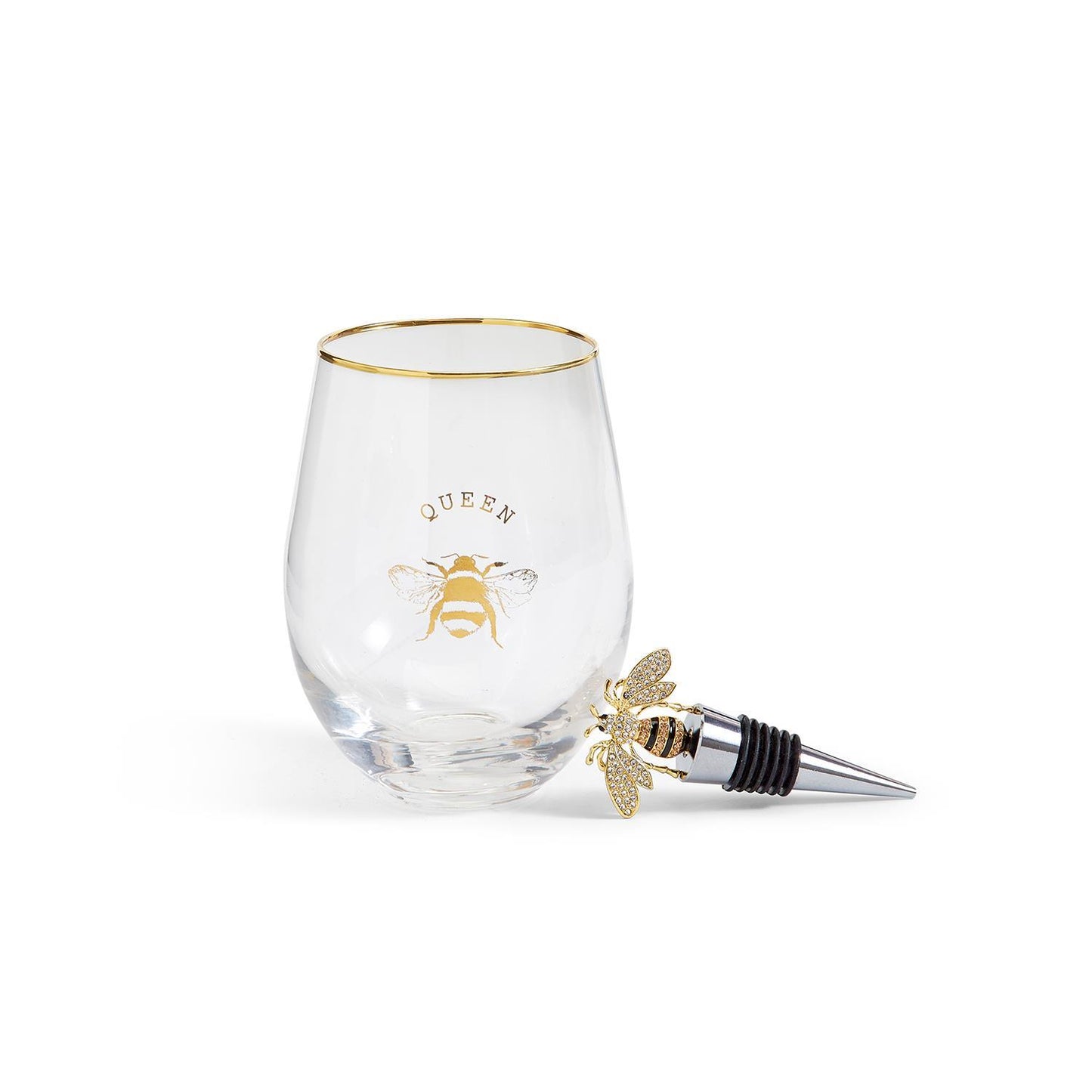 Queen Bee Stemless Wine Glass with Jeweled Bee Wine Stopper (16 oz., hand wash recommended) - Glass/Zinc Alloy/Enamel