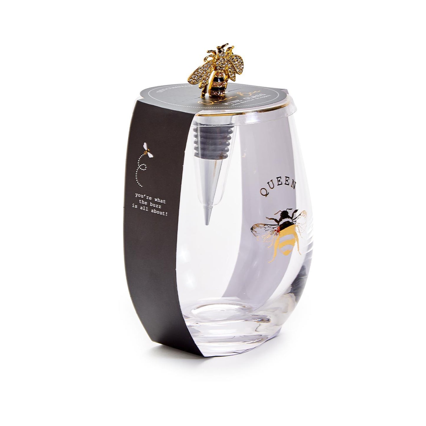 Queen Bee Stemless Wine Glass with Jeweled Bee Wine Stopper (16 oz., hand wash recommended) - Glass/Zinc Alloy/Enamel